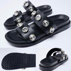 Zara Black Embellished Flat Sandals Sz.9